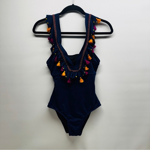 ONDA DE MAR Women’s size M Navy Swimsuit with Colorful Tassels - Picture 2 of 12